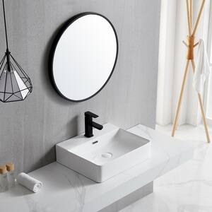 White Ceramic Rectangular Above Counter Vessel Sink with Pop Up Drain Faucet Hole and Overflow