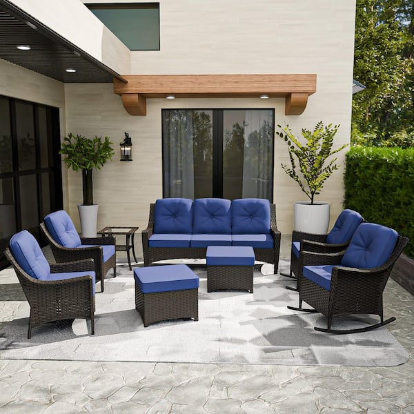 COOS BAY Brown 8-Piece Wicker Patio Conversation Set with Rocking Chairs, Outdoor Sofa Seating Set with Olefin Blue Cushions