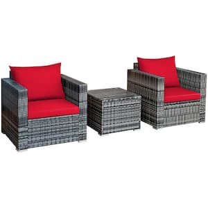 3-Piece Wicker Outdoor Bistro Set with CushionGuard Red Cushions