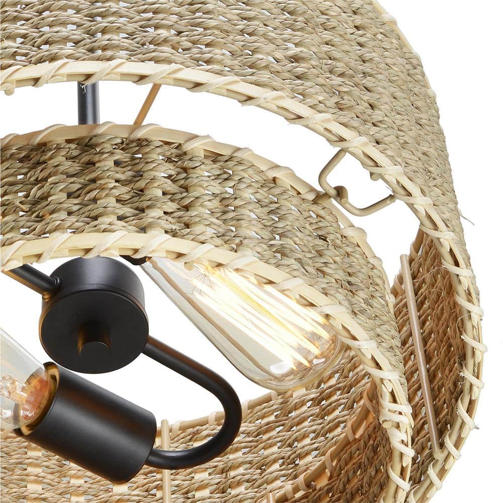 Matte Black 2-Light Adjustable Rattan Drum Chandelier