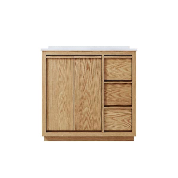 Oakland 36 in. Fully Assembled Freestanding Oak Solid Wood Bath Vanity with White Quartz Top, Soft-Close, Backsplash