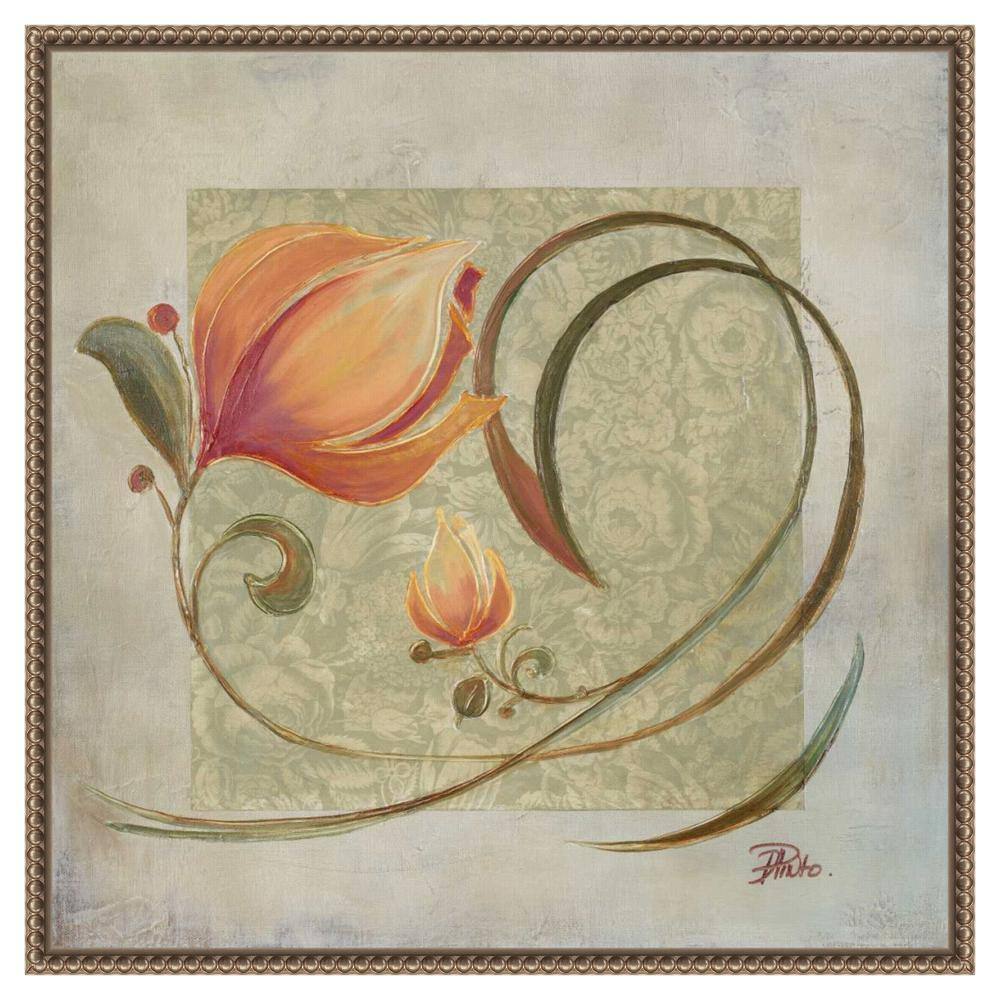 Peach Floral Beaded Bronze Framed Canvas Wall Art