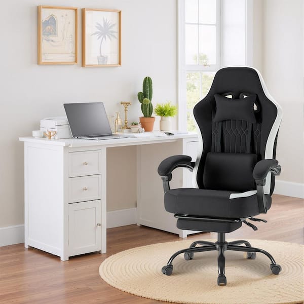 Ergonomic High-Back Fabric Reclining Computer Gaming Chair and Footrest in Black with Linkage Armrests