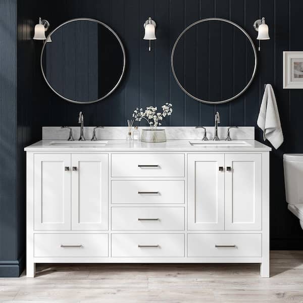 ARIEL Cambridge 67 in. W x 22 in. D x 36 in. H Double Bath Vanity in White with Carrara White Marble Top with White Basins