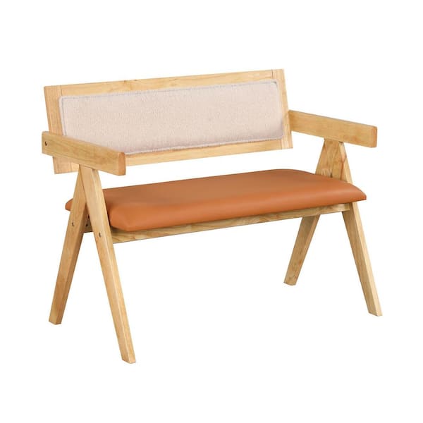 ANGELES HOME 38 in. L Natural Rubber Wood Outdoor Bench with Orange Cushion, 375 lbs. Weight Capacity