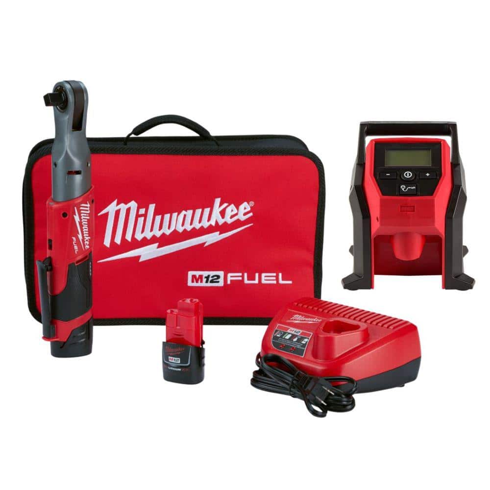 Milwaukee M12 FUEL 12V Lithium-Ion Brushless Cordless 1/2 in. Ratchet Kit W/M12 Compact Inflator -  2558-22-2475
