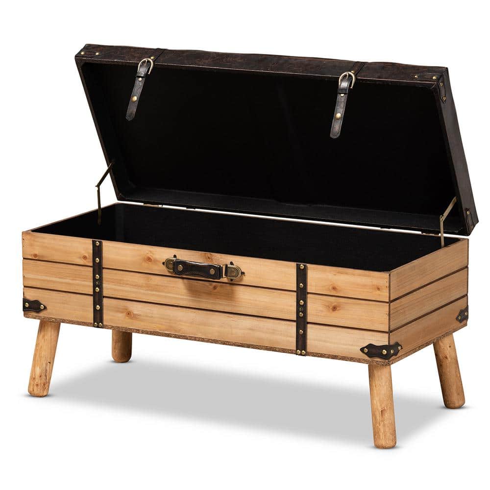 Amena Rustic Dark Brown PU Leather & Oak Large Storage Ottoman
