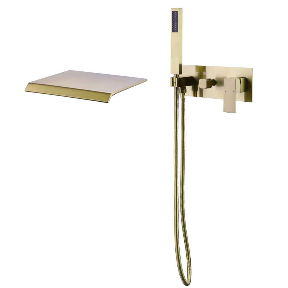 Brushed Gold Wall-Mounted Waterfall Tub Filler with Hand Shower