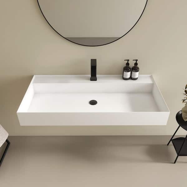 Velin 39 x 19 in. Solid Surface Wall Mount or Countertop Bathroom Vessel Sink with Faucet Holes in Matte White