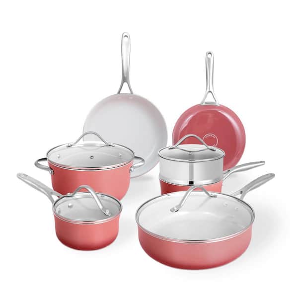 11 Piece Ceramic Nonstick Cookware Set Aluminum Alloy Enamel Finish Oven Safe Gradient Coral Red