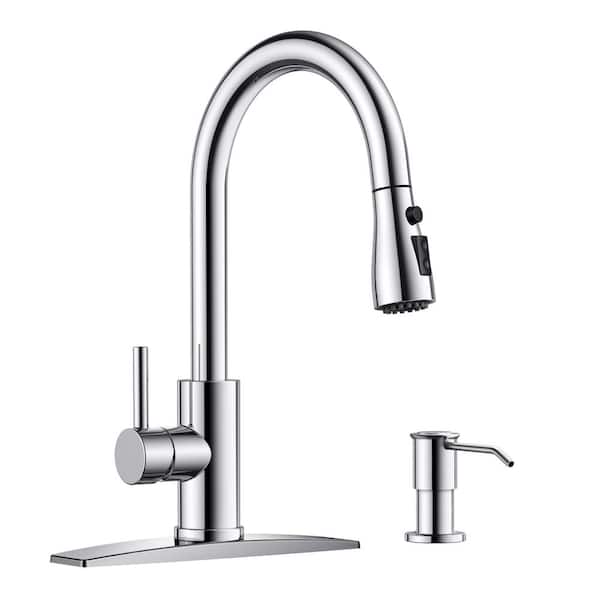 Forious pro Single-Handle Pull Down Sprayer Kitchen Faucet with High-Arc Kitchen Sink Faucet with Soap Dispenser in Chrome