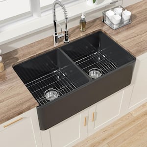Farmhouse Kitchen Sink 33 in. Barn Sink Apron Front Double Bowl Black Fireclay Kitchen Sink with Bottom Grids Farm Sink