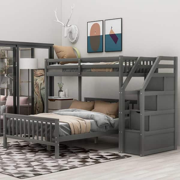 Polibi Modern Twin Over Full Bunk Bed with Staircase, Gray