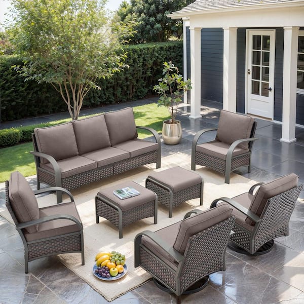moosprr 7-Piece Brown Wicker Patio Conversation Set with Gray Olefin Cushions and Swivel Glider Chairs/Ottomans/Couch