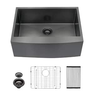 27 in. Farmhouse/Apron Front Single Bowl Gunmetal Black 16 Gauge Stainless Steel Kitchen Sink with Bottom Grid