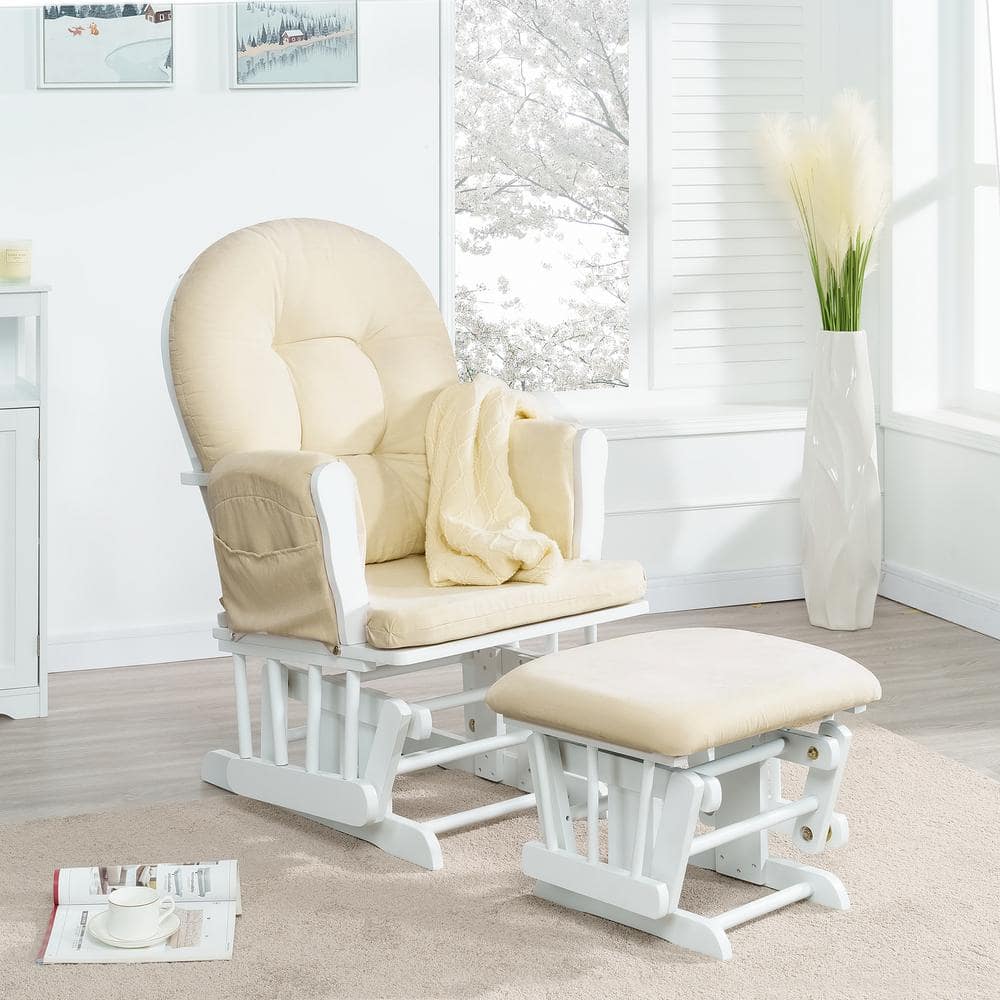 HOMESTOCK White/Cream Modern Glider Nursery Rocking Chair with Ottoman, Ideal for Breastfeeding