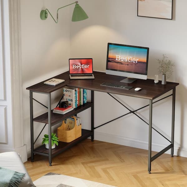 Bestier 47 in. Small L-Shaped Computer Desk with Storage Shelves Brown