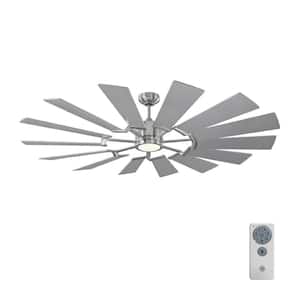 Prairie 62 in. LED Indoor/Outdoor Brushed Steel Ceiling Fan with Dual Washed Oak or Silver Blades, Light Kit and Remote