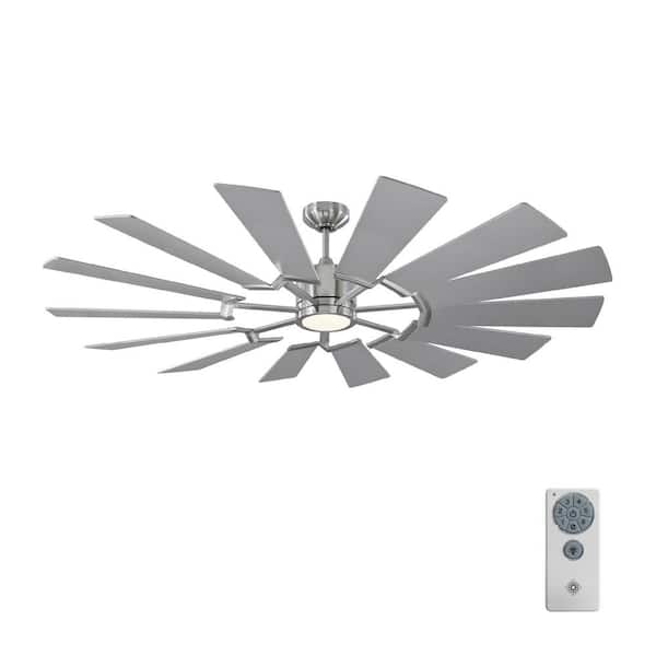 Generation Lighting Prairie 62 in. LED Indoor/Outdoor Brushed Steel Ceiling Fan with Dual Washed Oak or Silver Blades, Light Kit and Remote