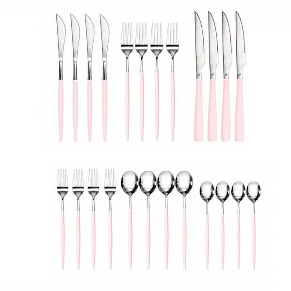24-Piece Food-Grade Stainless Steel Flatware Set for 4 with Spoons and Forks for Home, Kitchen, Restaurant, Pink