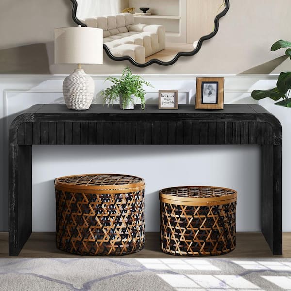 59 in. Black Rectangle Solid Wood Console Table with 2-Hidden Handle Drawers Accent Sofa Table Hallway Entryway Table