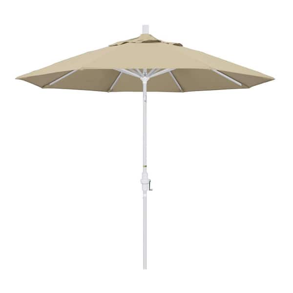 California Umbrella 9 ft. White Aluminum Pole Market Aluminum Ribs Collar Tilt Crank Lift Patio Umbrella in Antique Beige Sunbrella