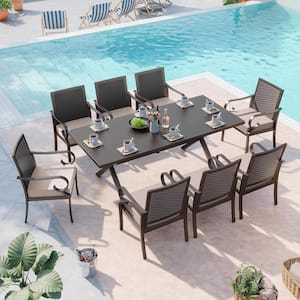 9-Piece Metal Outdoor Dining Set with Rattan Woven Backrest, an Umbrella Hole and Sand Cushion