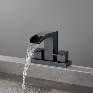 Waterfall 4 in. Centerset Double Handle Low Arc Bathroom Faucet with Drain kit Included in Matte Black