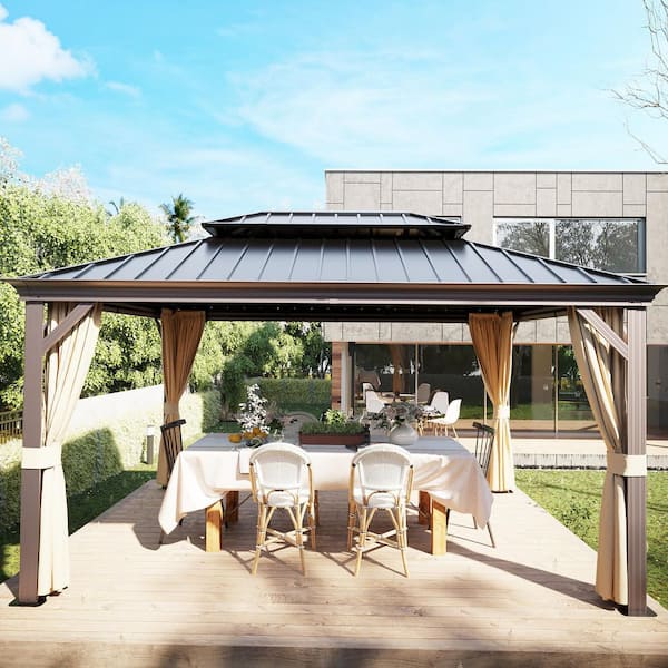 10 ft. x 14 ft. Aluminum Outdoor Double Galvanized Steel Roof Gazebo with Ceiling Hook, Mosquito Netting and Curtains