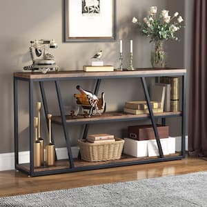Catalin 59 in. Rustic Brown Rectangle Wood Console Table with 3 Tier Storag