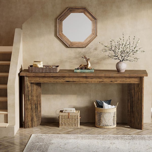 BYBLIGHT Turrella 70.9 in. Rustic Brown Rectangle Wood Console Tables, Sofa Table with Widened Tabletop and V-Shaped Pedestal
