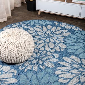 Zinnia Modern Floral Textured Weave Navy/Aqua 3' Round Indoor/Outdoor Area Rug