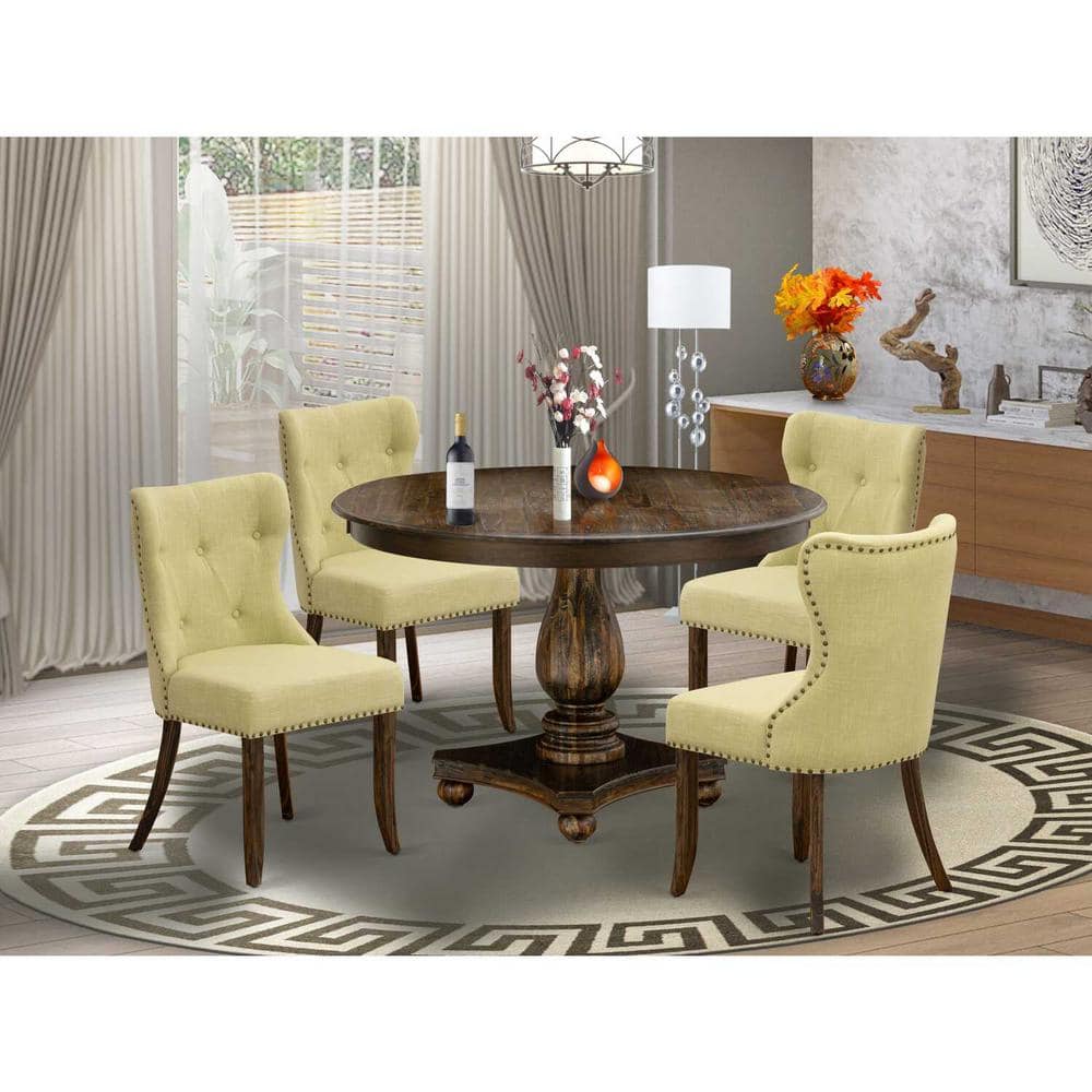 Distressed Jacobean Finish Round Pedestal Dining Table with Beige Linen Chairs