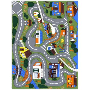 Jenny Collection Non-Slip Rubberback Educational Town Traffic Play 3x5 Kid's Area Rug,3 ft. 3 in.x5 ft.,Green/Multicolor