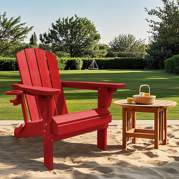 JEAREY Weather Resistant Plastic HDPE Outdoor Patio Folding Adjustable Adirondack Chair with Cup Holder in Red