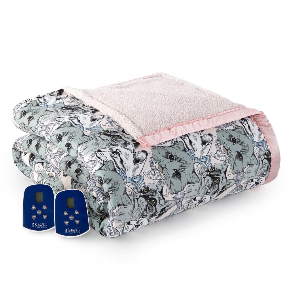 Twin Cat Collage Micro Flannel Sherpa Reversible Electric Blanket