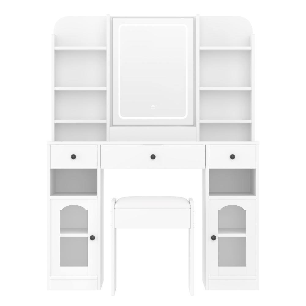 3-Drawers White Wood Mirror Makeup Vanity Sets Dressing Table Sets with Stool, RGB Glass Light Cabinets price history on PriceWatchPro