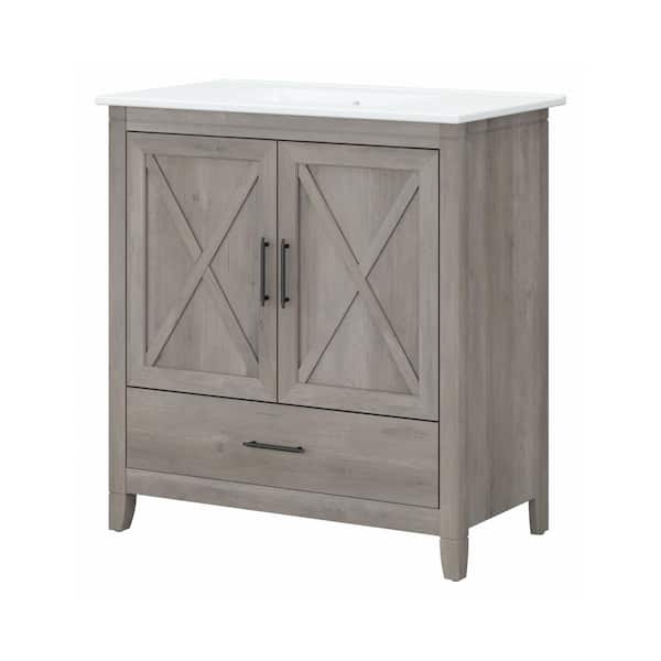 Bush Furniture Key West 31.89 in. W x 18.31 in. D x 34.06 in. H Single Sink Bath Vanity in Driftwood Gray with White Top