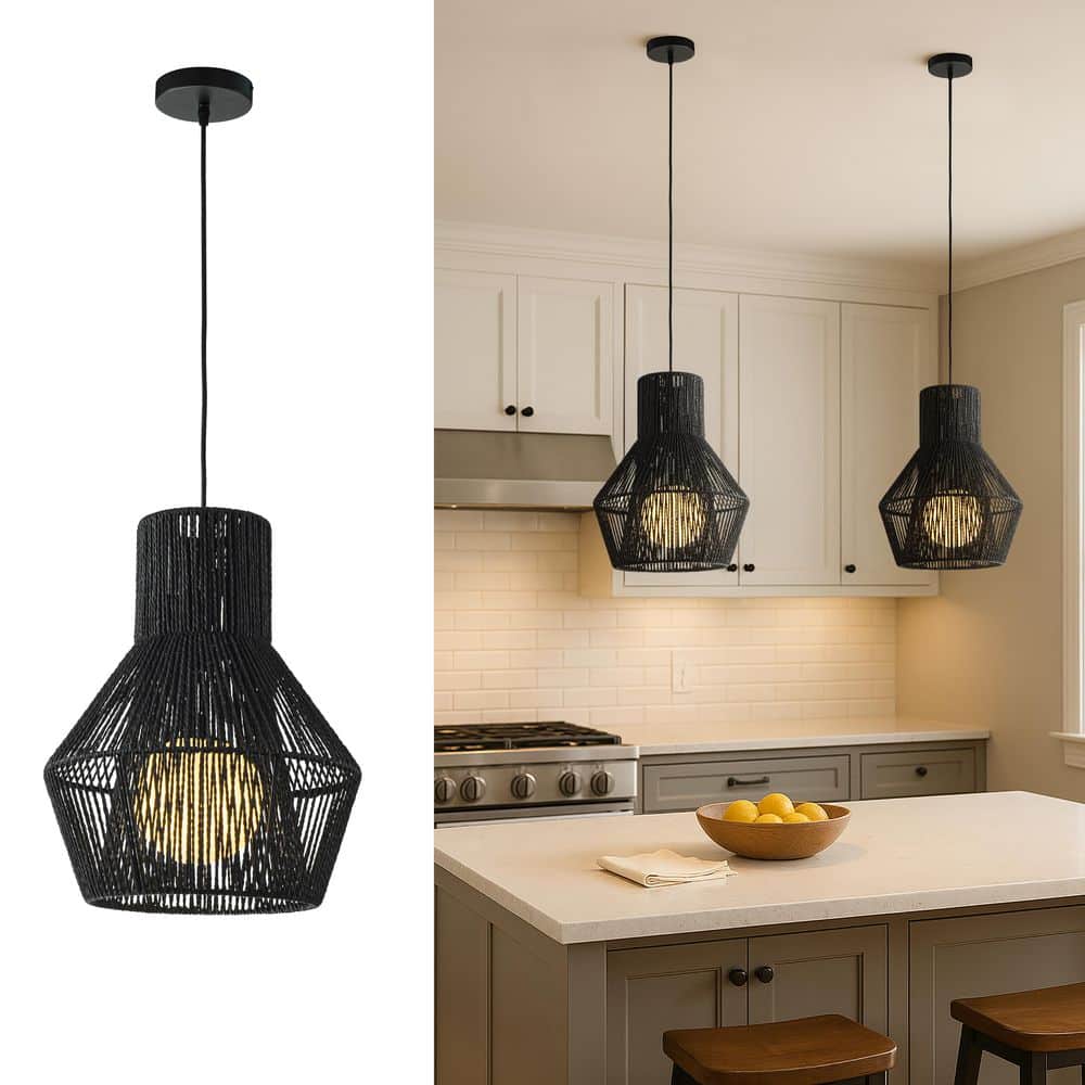 1-Light Modern Black Hand-Woven Rattan Chandelier Bubble Trasitional Cylinder Medium Natura Pendant Light For Bedroom price history on PriceWatchPro