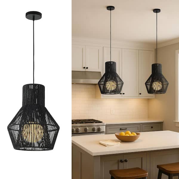 ALOA DECOR 1-Light Modern Black Hand-Woven Rattan Chandelier Bubble Trasitional Cylinder Medium Natura Pendant Light For Bedroom