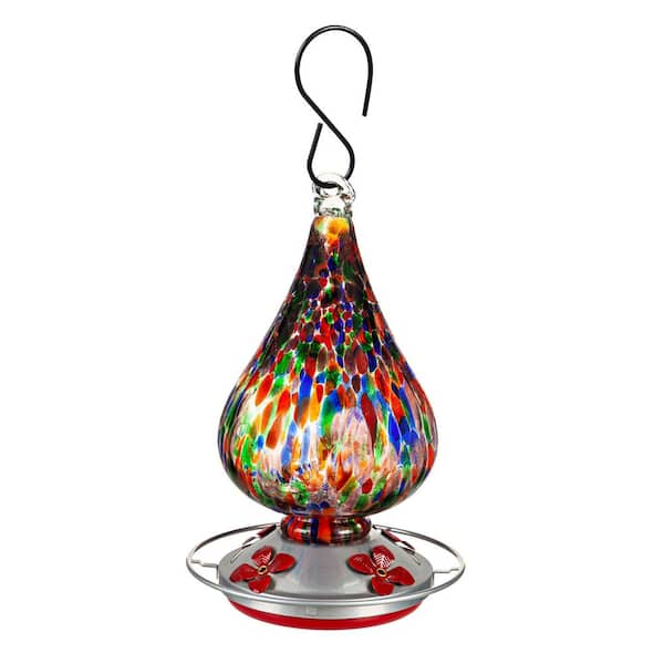 Evergreen Multi-Color Speckle Art Glass Hummingbird Feeder with Bronze Gondola