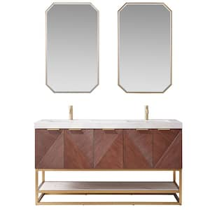 Mahon 60 in. W x 22 in. D x 33.9 in. H Double Sink Bath Vanity in Walnut with White Grain Composite Stone Top and Mirror