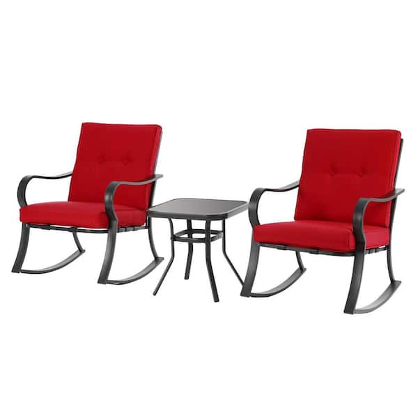 Unbranded Black 3-Piece Patio Metal Outdoor Rocking Chair Set with Red Cushions