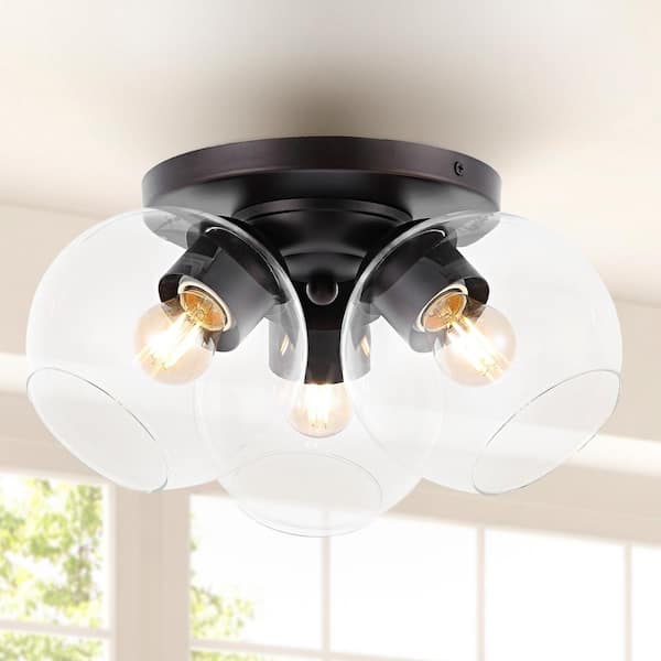 JONATHAN Y Iris 11.5 in. Oil Rubbed Bronze/Clear 3-Light Farmhouse Rustic Iron/Glass LED Semi Flush Mount