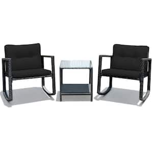 3-Piece Wicker Patio Conversation Set with Black Cushions, Rocking Chair and Glass Coffee Table