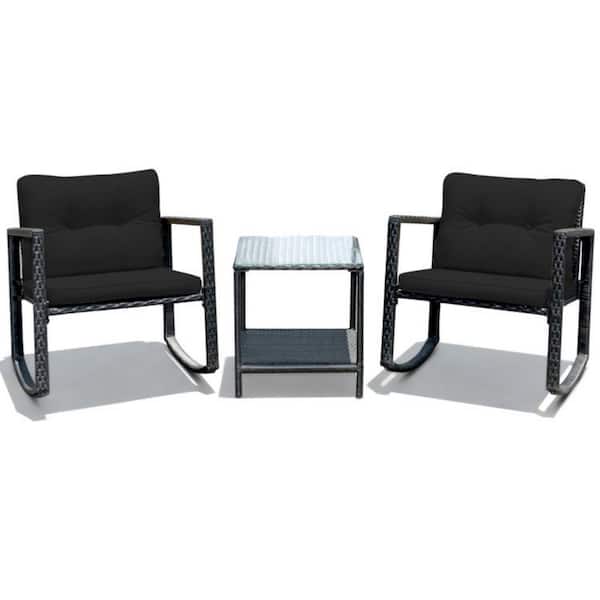 Clihome 3-Piece Wicker Patio Conversation Set with Black Cushions, Rocking Chair and Glass Coffee Table