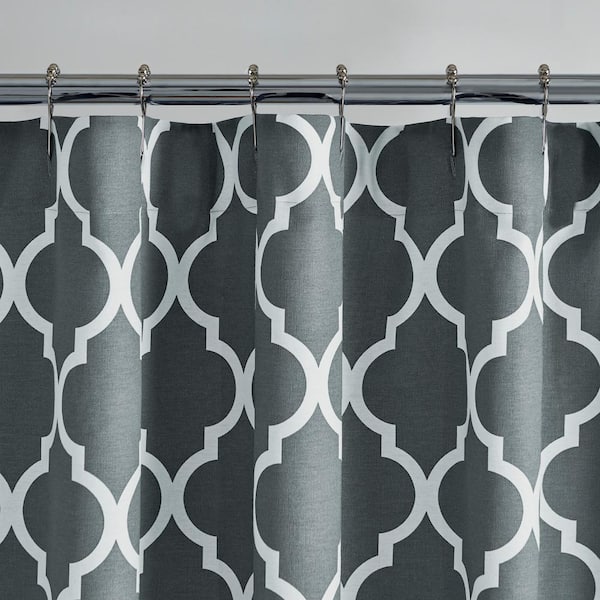 Wide & Long Bathroom Shower Curtain With Hooks Black Blue Grey Trellis Design 