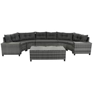 8-pieces Wicker Outdoor Sectional Set with Rectangular Coffee Table and Movable Gray Cushion for Garden, Backyard