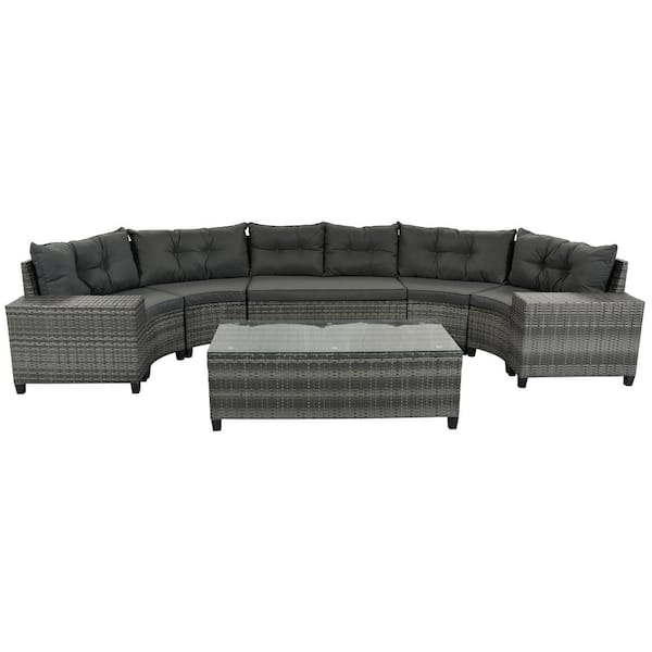 Zeus & Ruta 8-pieces Wicker Outdoor Sectional Set with Rectangular Coffee Table and Movable Gray Cushion for Garden, Backyard
