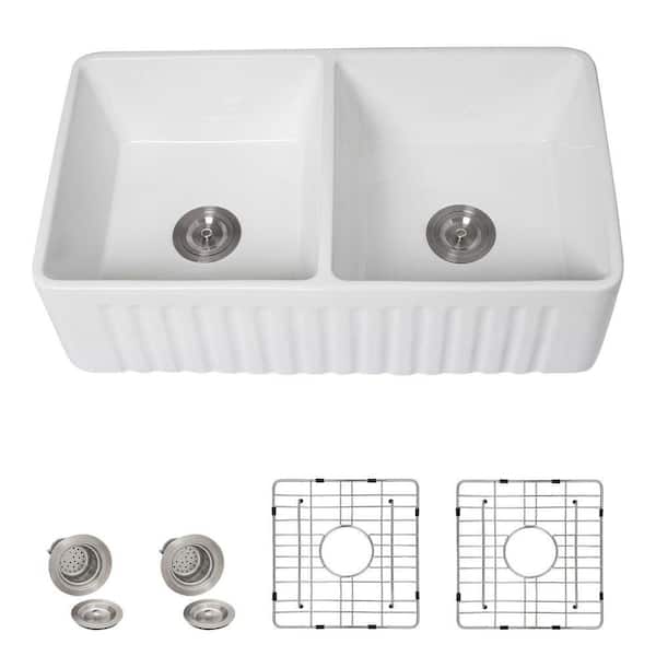 33 in. Reversible Apron Front 50/50 Double Bowl White Ceramic Farmhouse Kitchen Sink, Fireclay Porcelain Basin